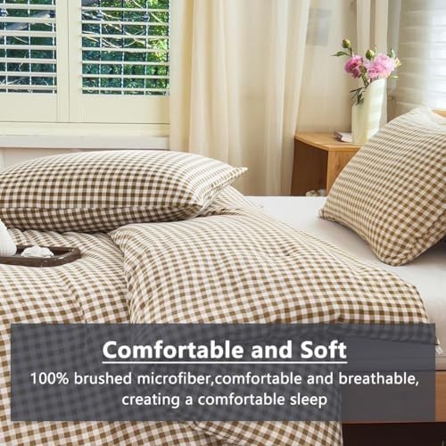 King Size Comforter Set - Tan Gingham Bedding, Brown Grid Design, 3 Pieces (1 Co gallery