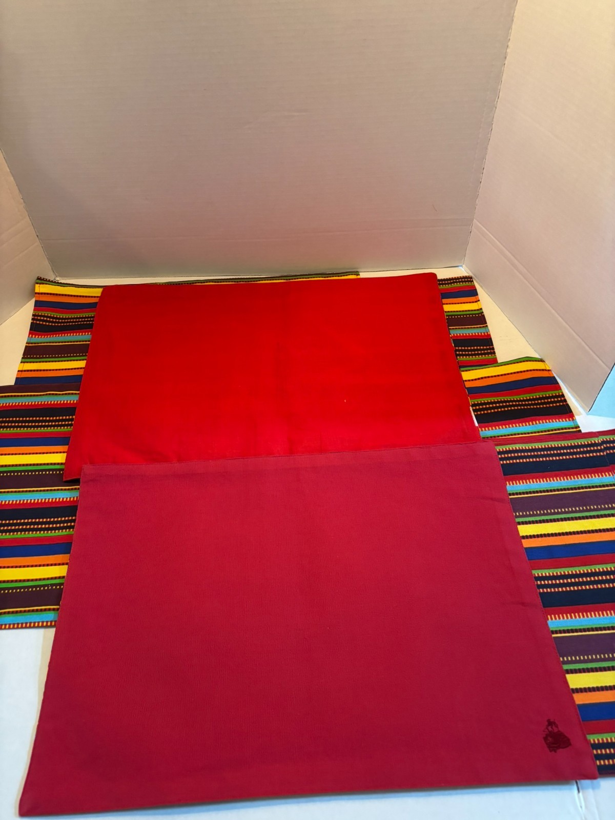 Lot of 8 Multi Coloured Striped Table Placemats Cotton with Red/Maroon Backing gallery