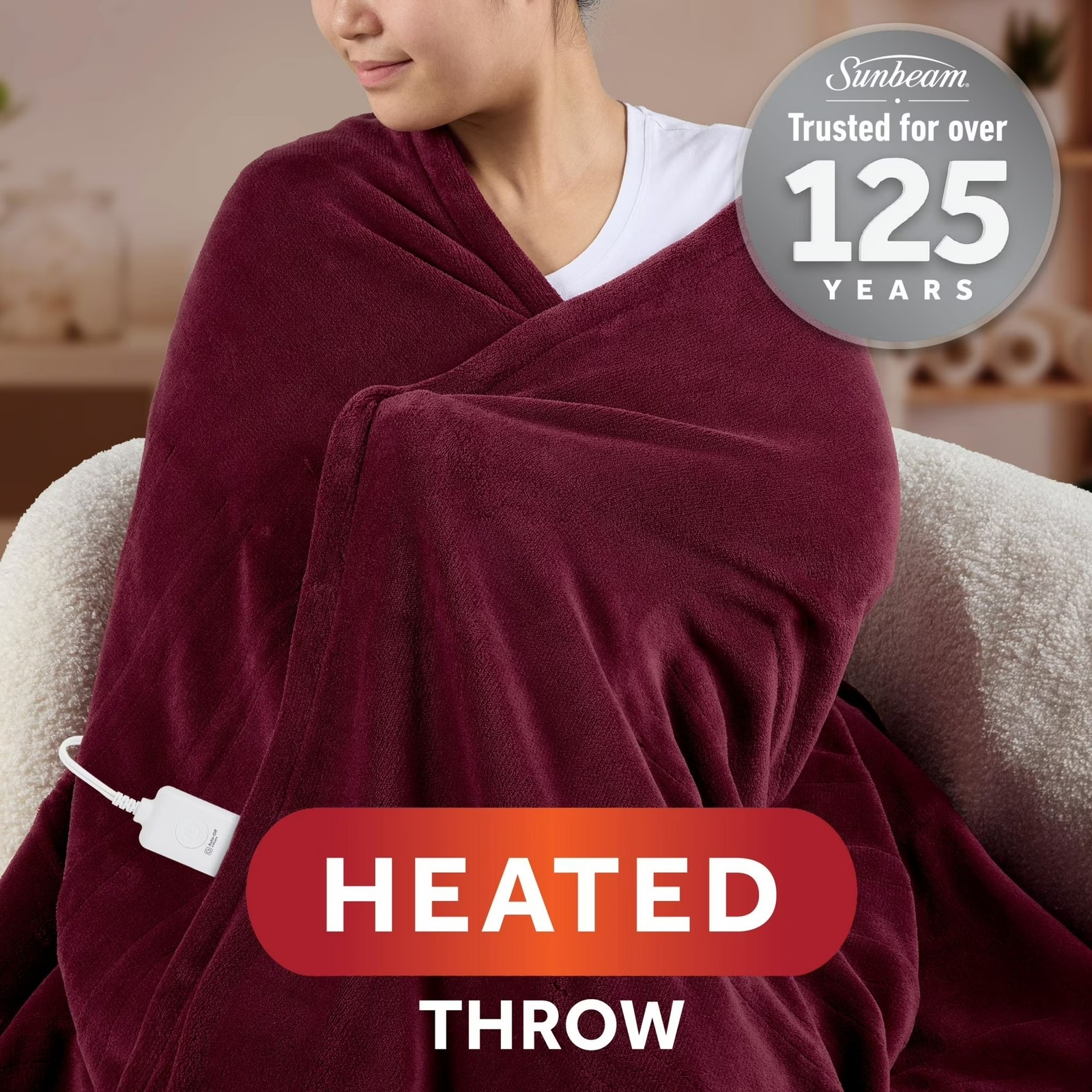 Sunbeam Electric Heated Throw Blanket Merlot Super Soft Microplush 4 Heat gallery