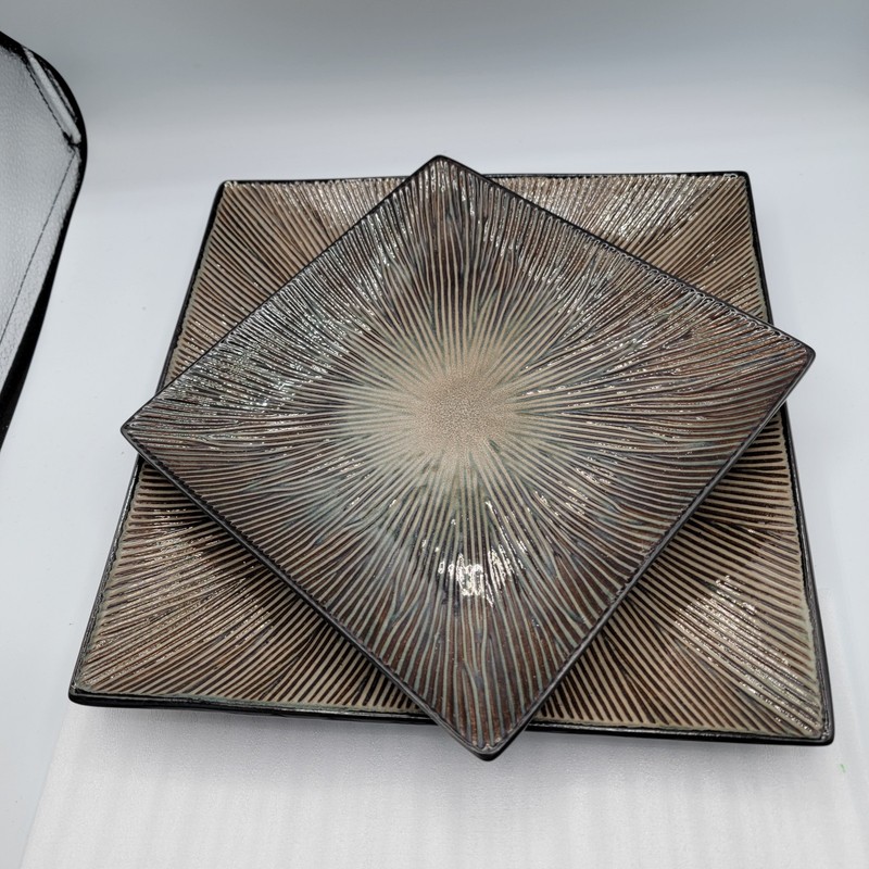 GABBAY Square 2 Pc Dinner & Lunch Plate Set. Rustic Brown Black Starburst.... gallery