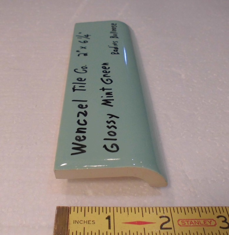 1 pc. Mint Green: Glossy Ceramic Radius Bullnose Tile: Wenczel Co. 2" X 6-1/4" gallery