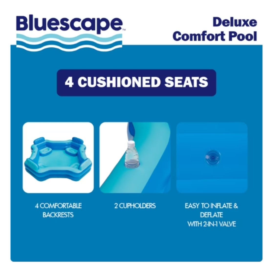 Bluescape Blue Deluxe Comfort Inflatable Family Swimming Pool, 4 Seats, Square gallery