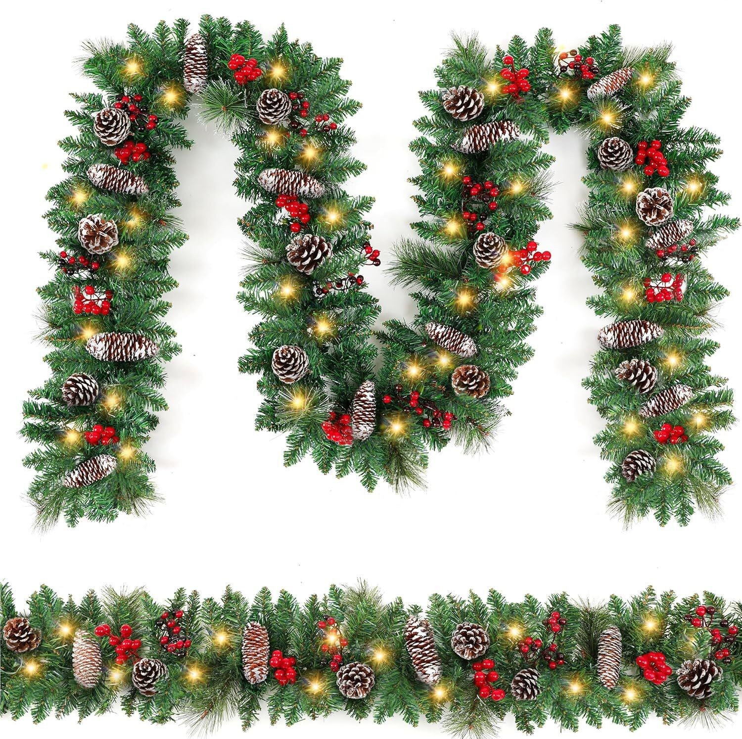 9/6FT LED Christmas Garland with Pinecones Red Berries Warm White Lights gallery