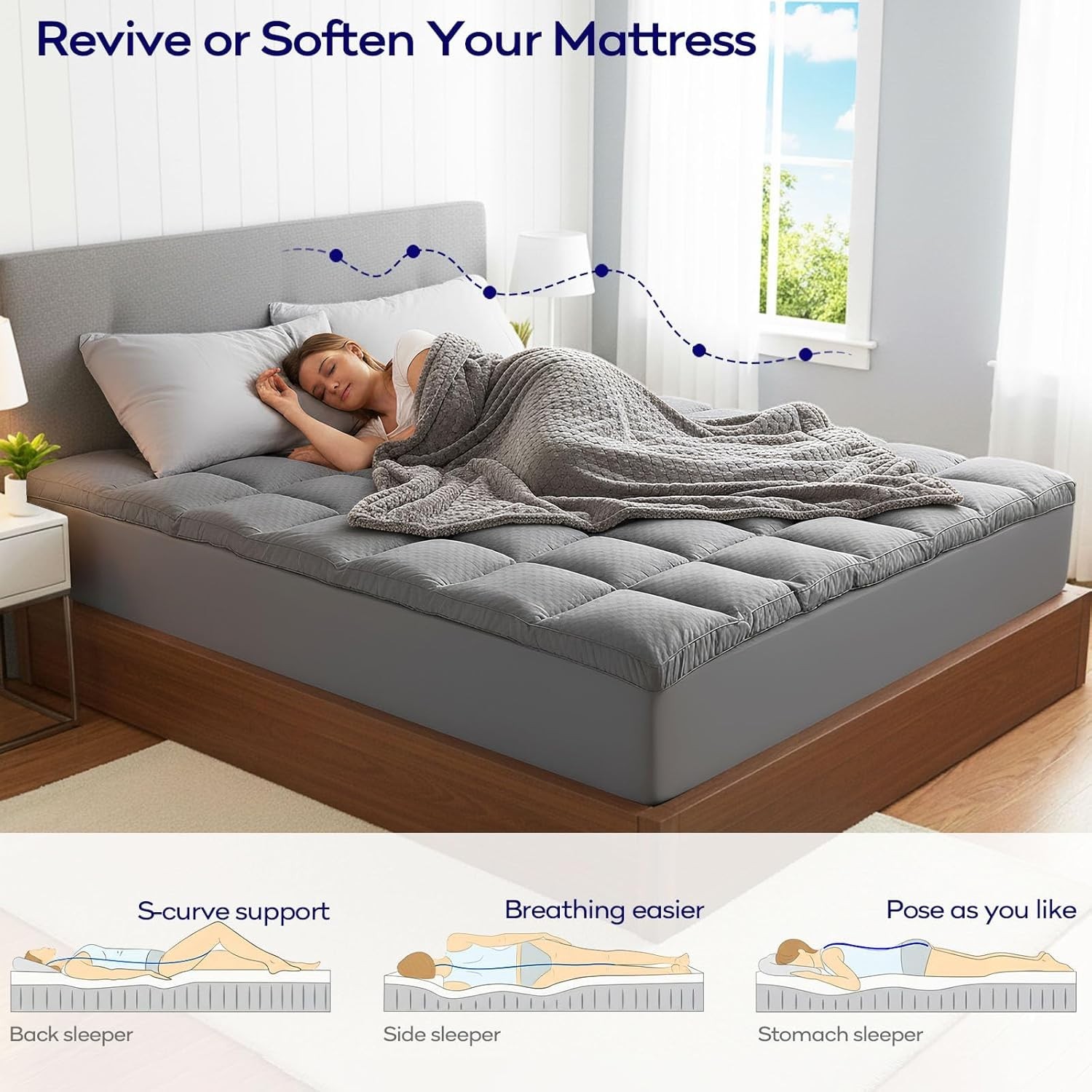Dual-Layer 4 Inch Queen Mattress Topper for Back Pain, 2 Inch Gel Memory Foam gallery