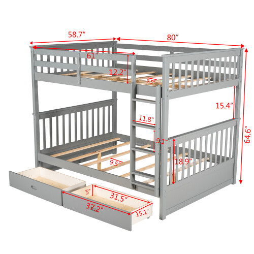 Full Over Full Bunk Bed W/ Storage Drawers Wood Platform Beds Bedroom Furniture gallery