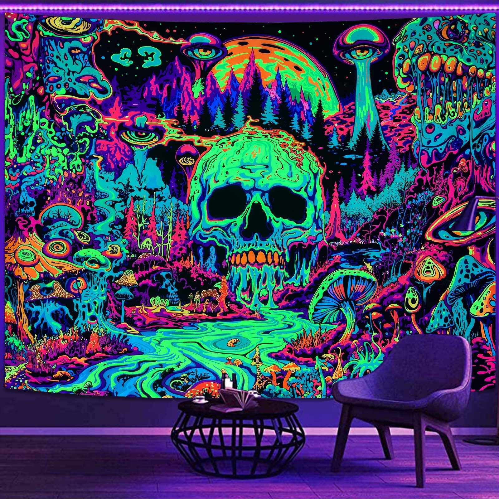UV Reactive Blacklight Tapestry Hippie Skull Mushroom Trippy Neon Art 48x36 gallery