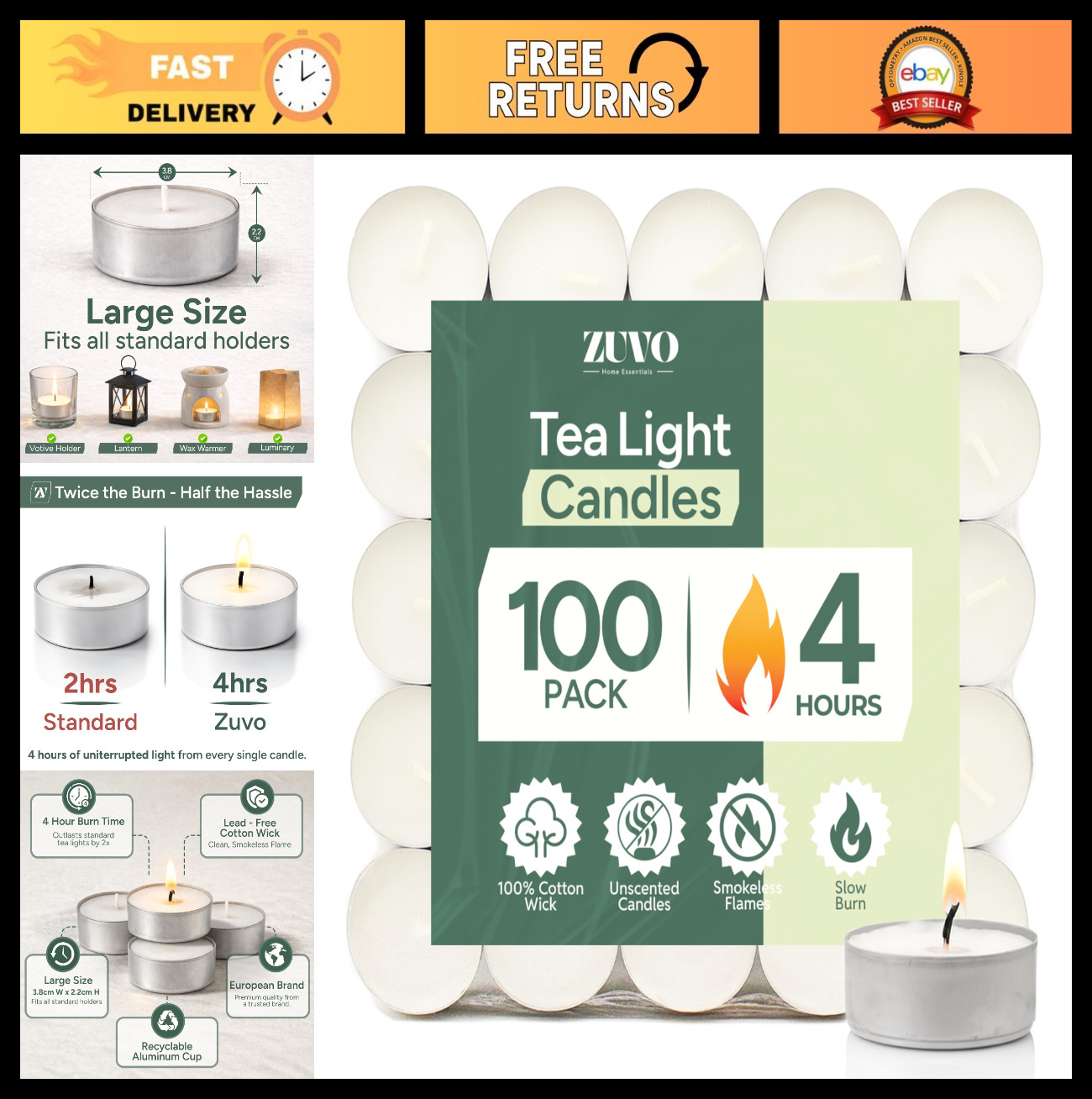 100 Pack Tea Light Candles - 4 Hour Burn, Smokeless & Unscented - Perfect for We gallery