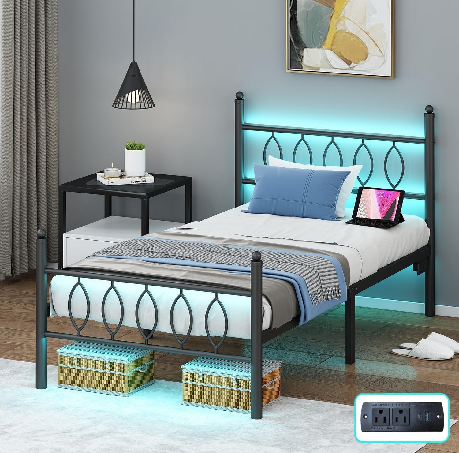 Twin Size Bed Frame LED Toddler Kid Boy Girl Bedroom Cama Para Niño Gray Black gallery
