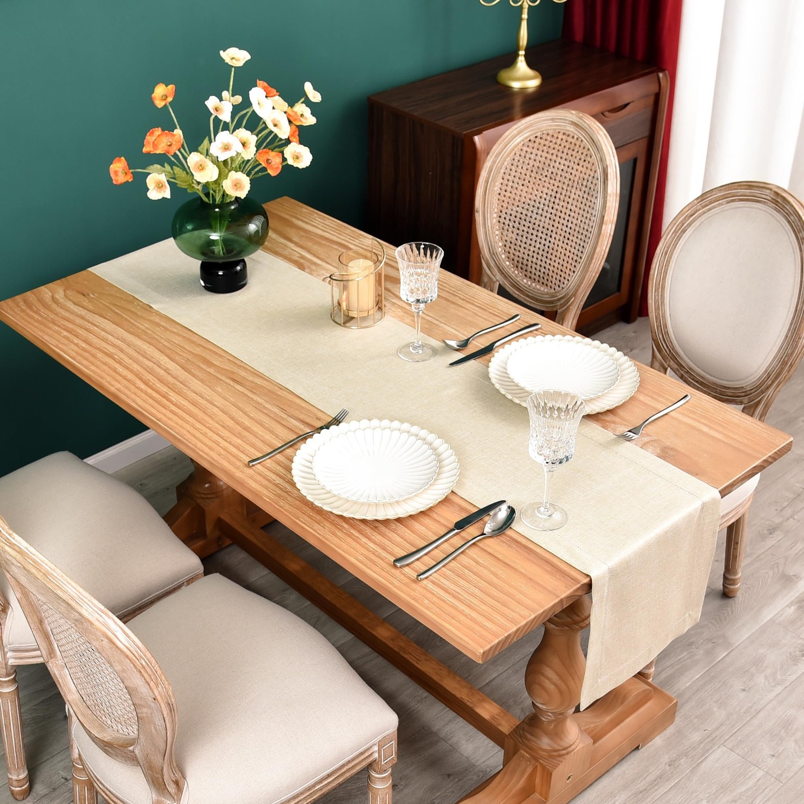 NEWISHER Farmhouse Hemstitch Border Table Runner Faux Linen 13x48inch, Beige gallery