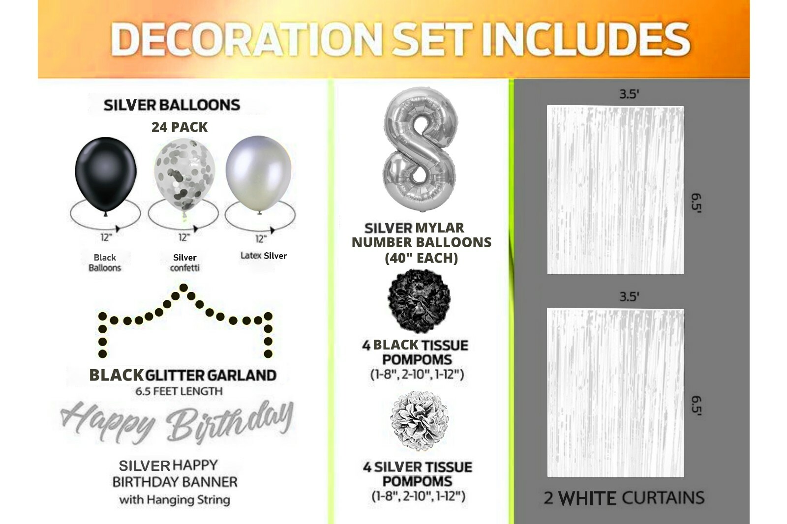 Silver & Black 8th Birthday Decorations - 40" Number Balloons & More Boy or Girl gallery