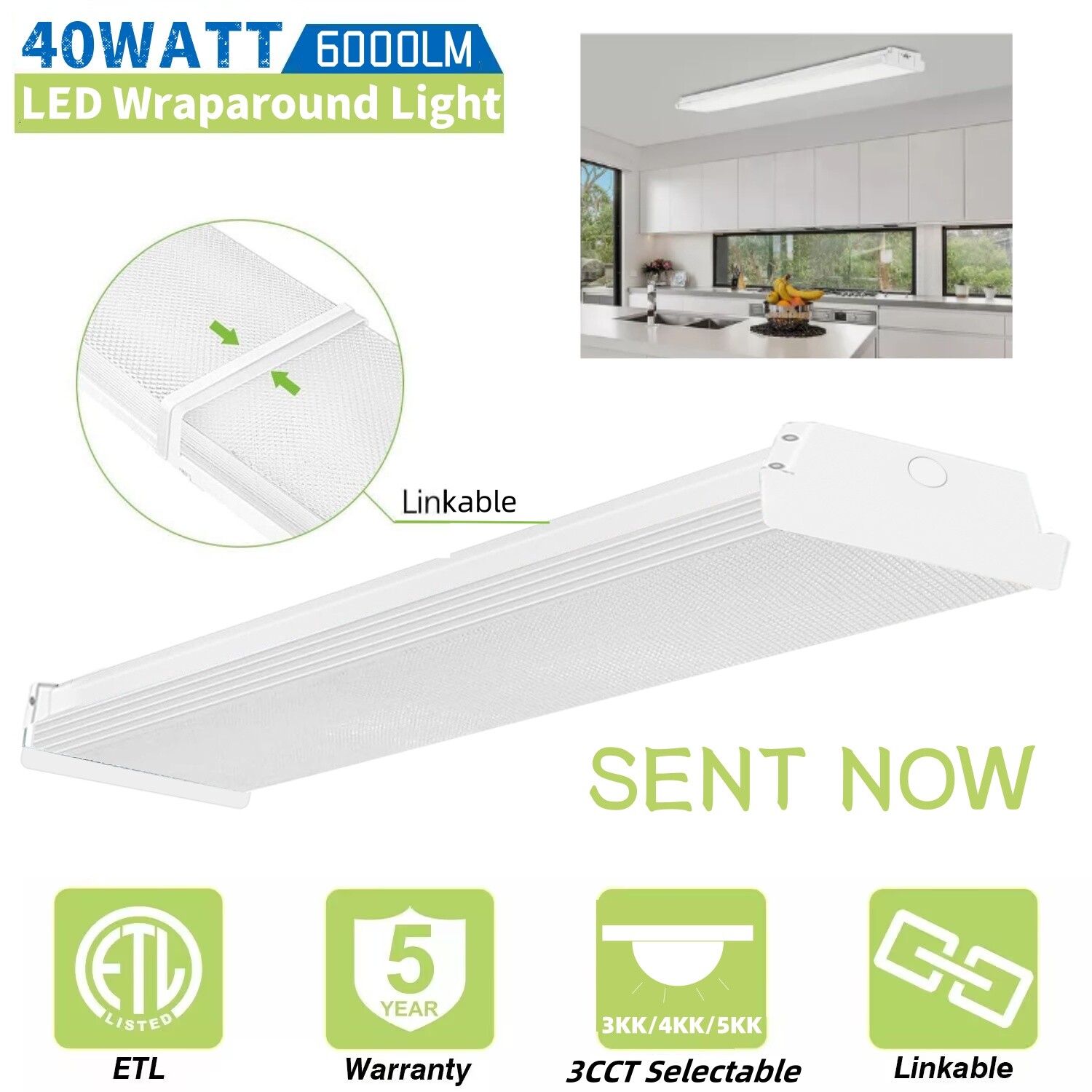 4FT LED Wraparound 40W Shop Light,6000lm Selectable 3CCT 3500K/4000K/5000K gallery