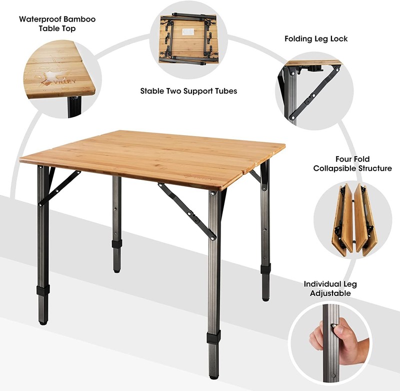 VILLEY Bamboo Folding Table with Aluminum Adjustable Legs 176lbs Load Heavy Duty gallery