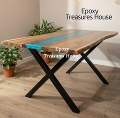 Handmade Wood Epoxy River Dining Table Top | Solid Live Edge Wooden Slab | Blue