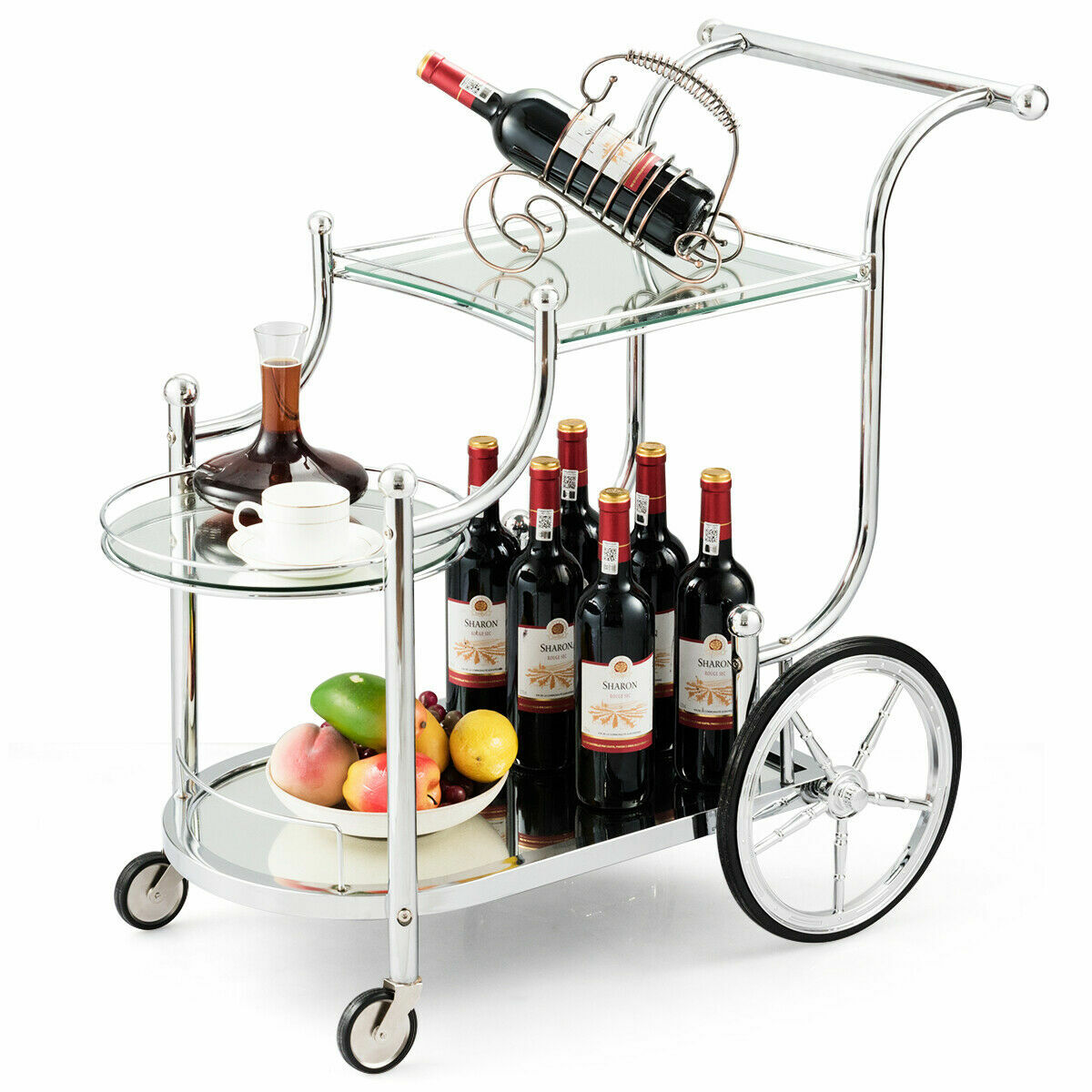 Serving Cart Kitchen Bar Wine Tea Cart Glass Shelves & Metal Frame with Wheels gallery