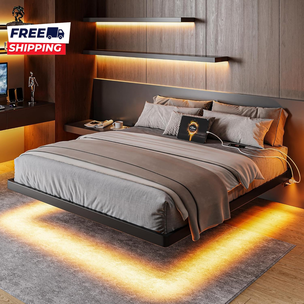 Full Size Floating Bed Frame with Charging Station and Led Lights Metal Bed Fram