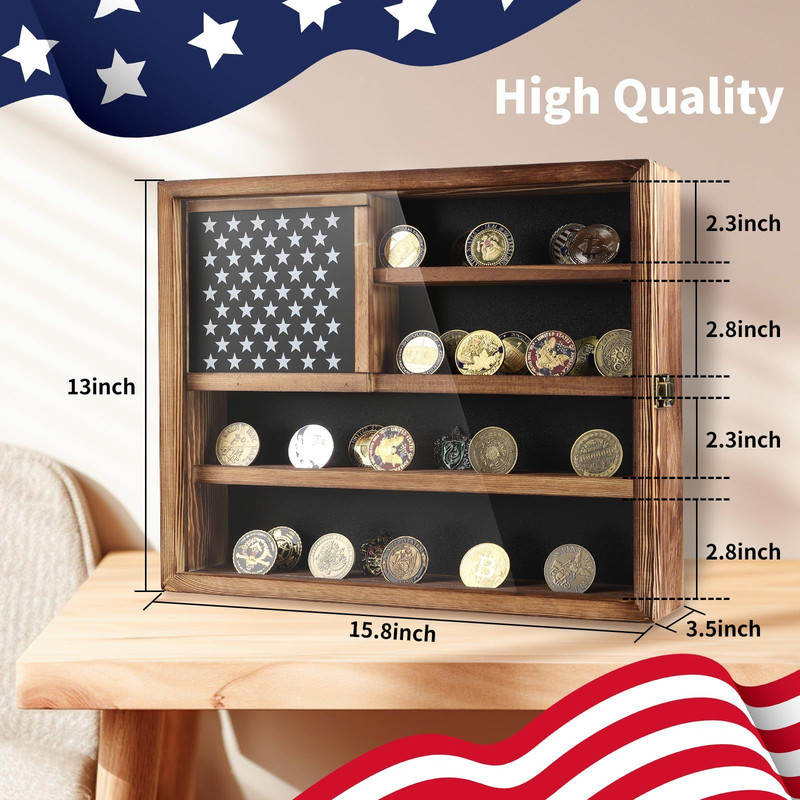 Challenge Coin Display Case, Lockable Military Holder Natural Wood Color gallery