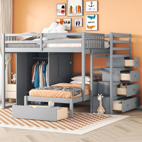 Solid Wood Bunk Beds with Wardrobe and Storage Drawers Staircases Loft Bunk Beds gallery
