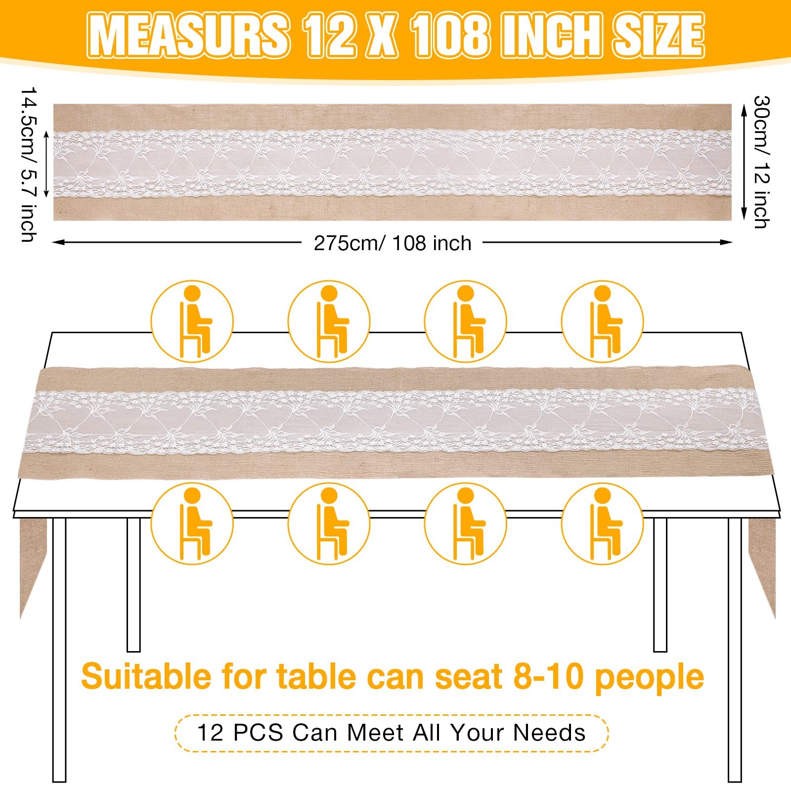 12 Pcs 12 x 108 Inch Wedding Burlap Table Runners with White Lace Rustic Runn... gallery
