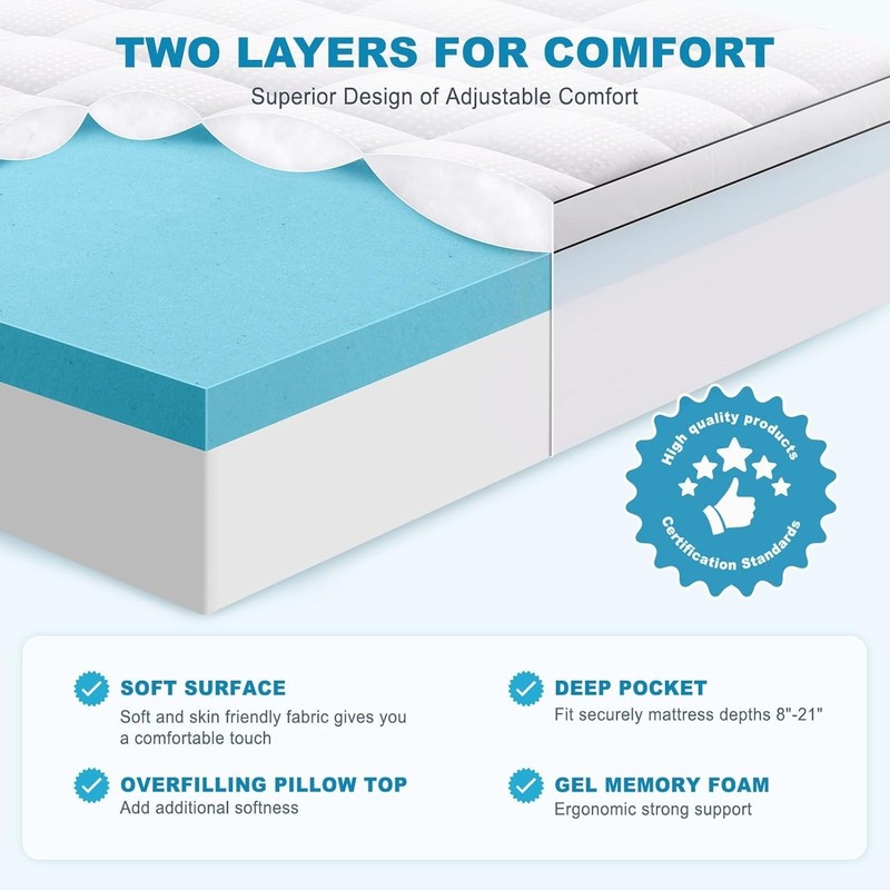 King Size Dual Layer 4 Inch Memory Foam Mattress Topper, 2 Inch Gel Memory Fo... gallery