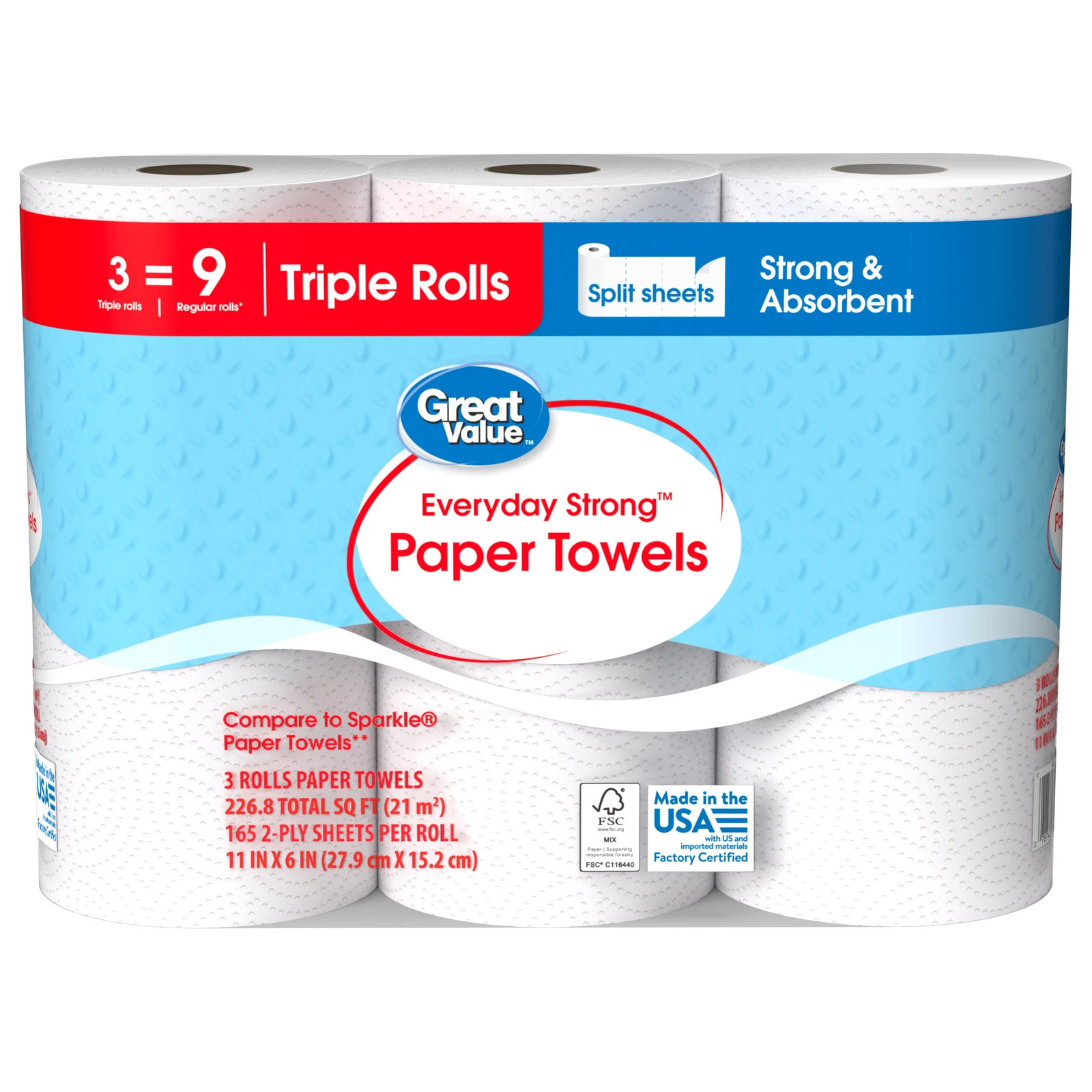 Great Value Everyday Strong Paper Towels, 3 Triple Rolls gallery