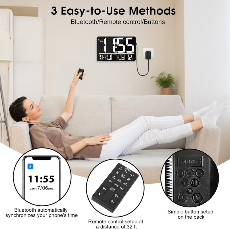 13" Bluetooth Auto Sync Wall Clock - Large Digital Alarm Clock with Remote 25... gallery