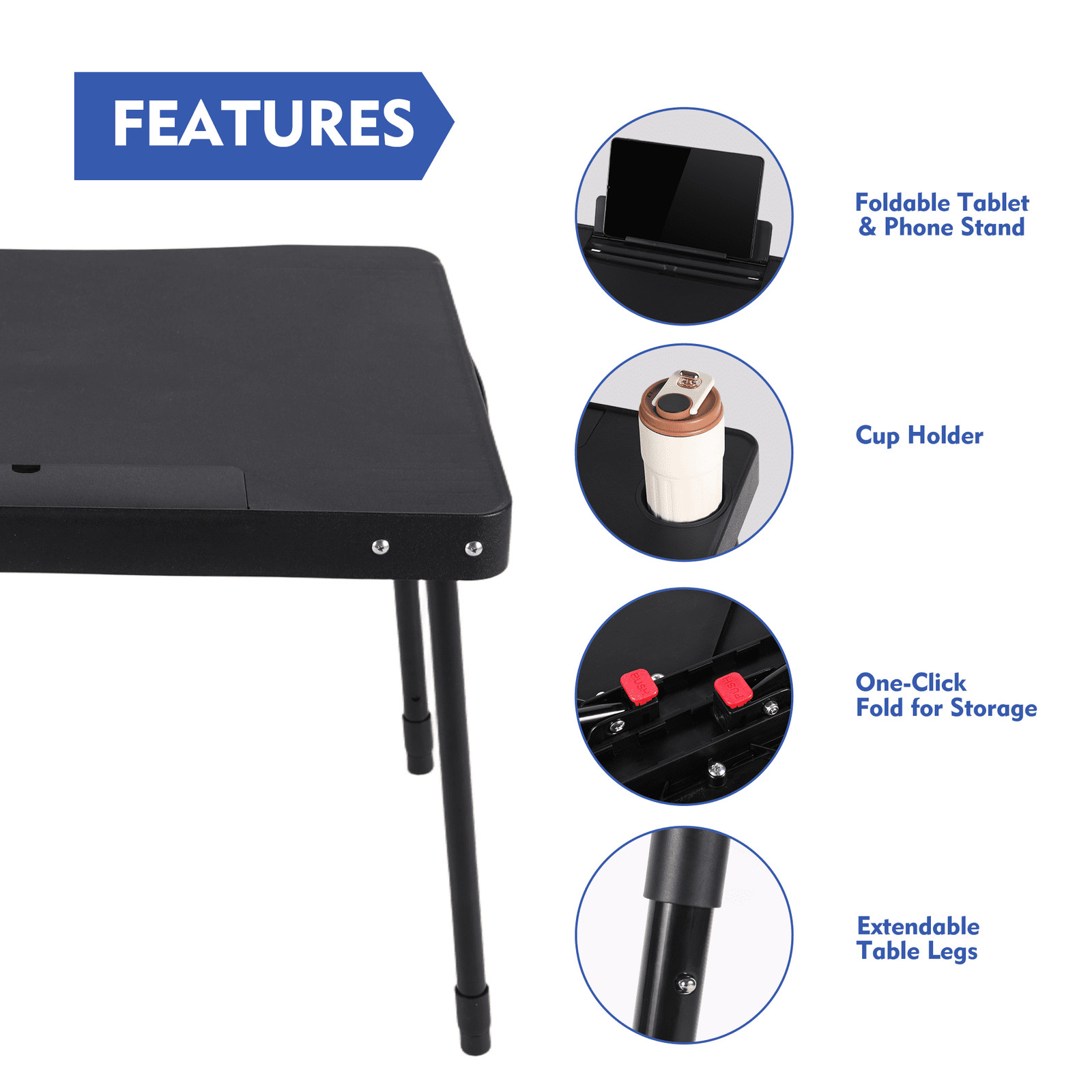 Portable Adjustable Personal Table with Cupholder and Tablet Holder, Black gallery