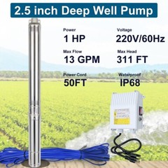 2.5″ 1HP Deep Well Submersible Pump, 220V, 13 GPM, 311FT Max, 26 Stage 50FT Cord