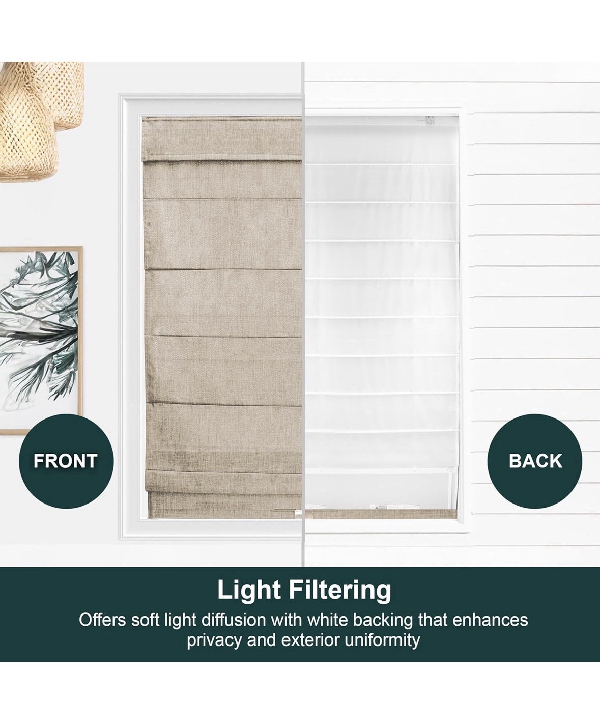Cordless Roman Shade, Light Filtering Privacy Liner, Textured Belgian Flax Fa... gallery