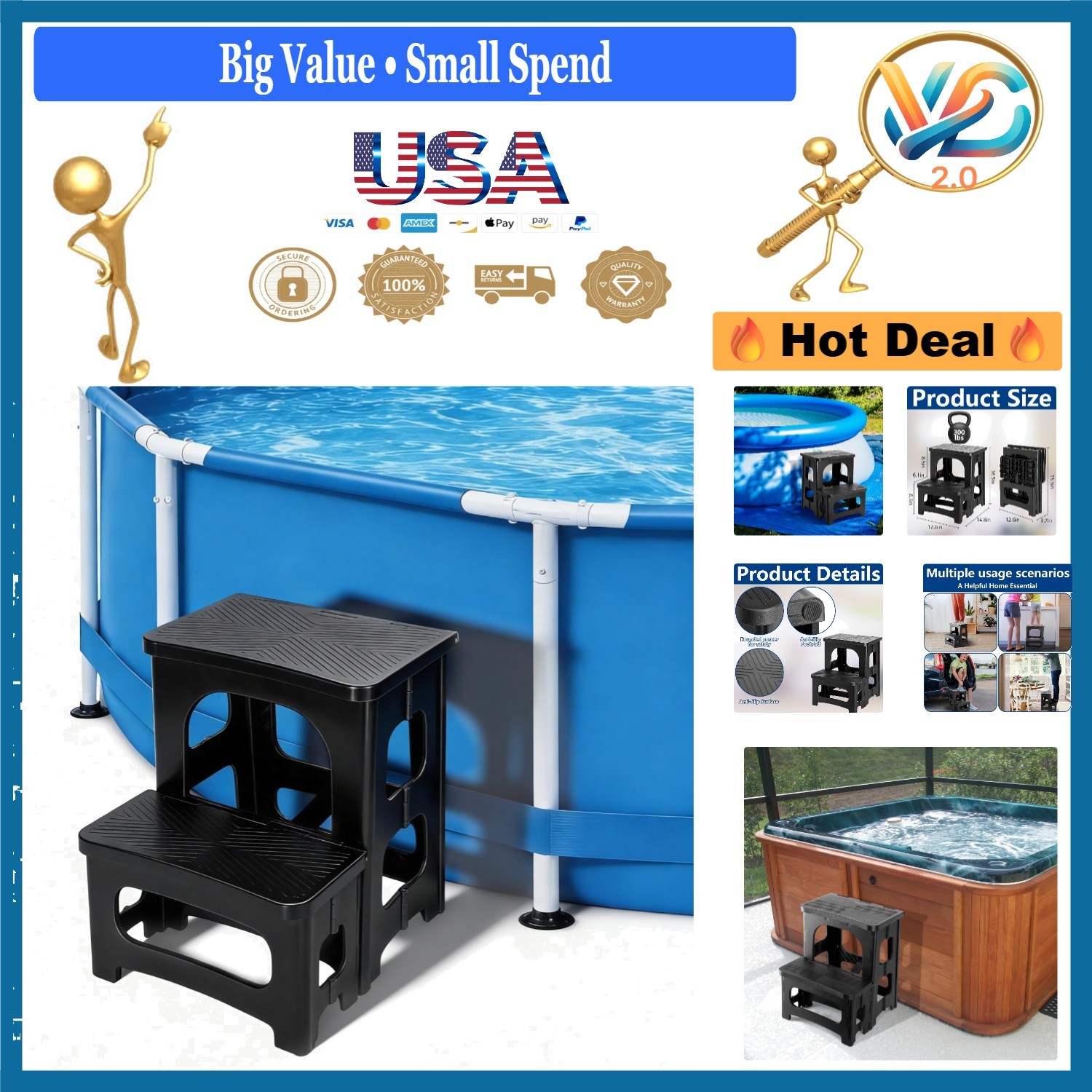 Foldable Spa Hot Tub Steps 2-Step Non-Slip Plastic Pool Ladder Black gallery