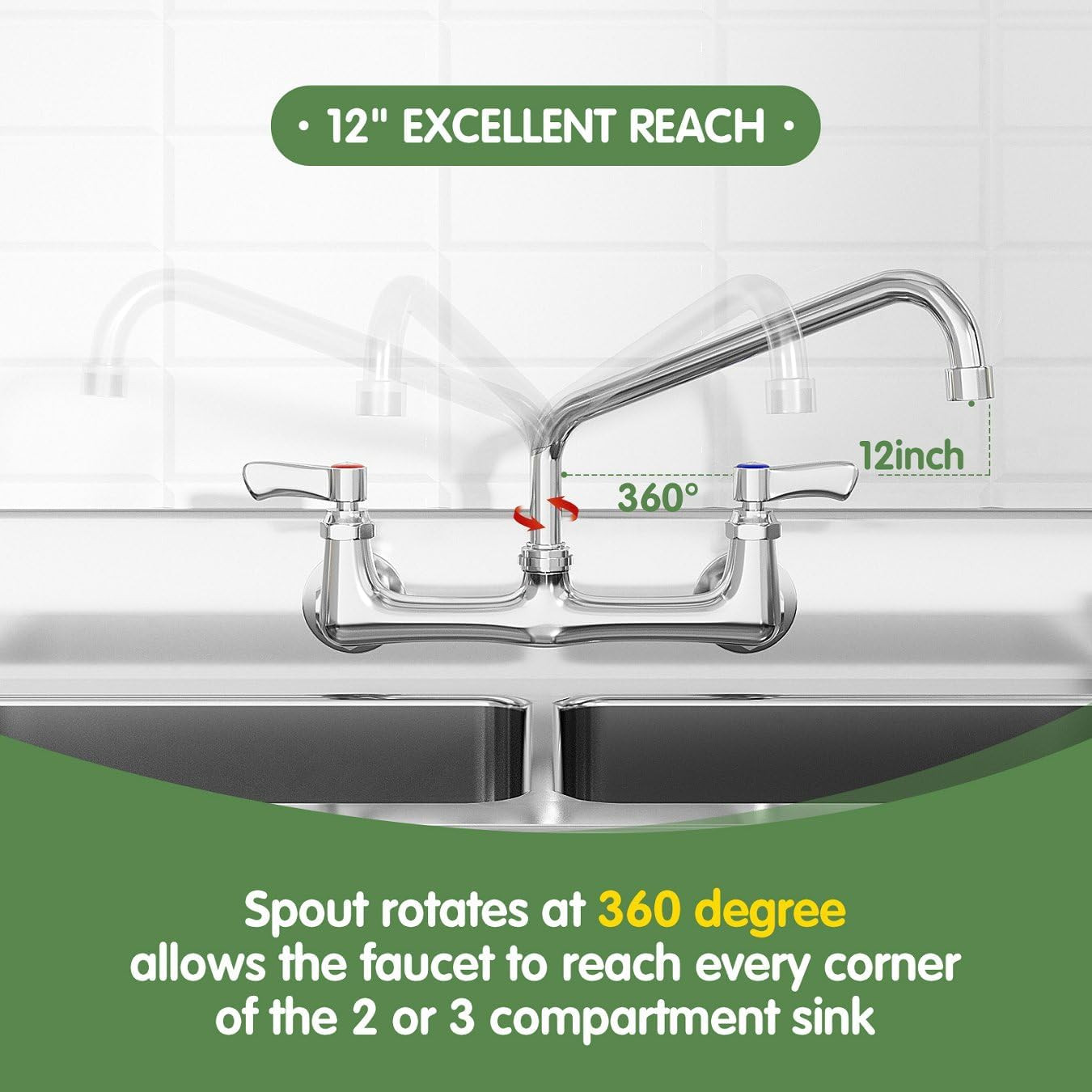 Wall Mount Kitchen Faucet, Commercial Sink Faucet with 12-Inch Swivel Spout, Br gallery