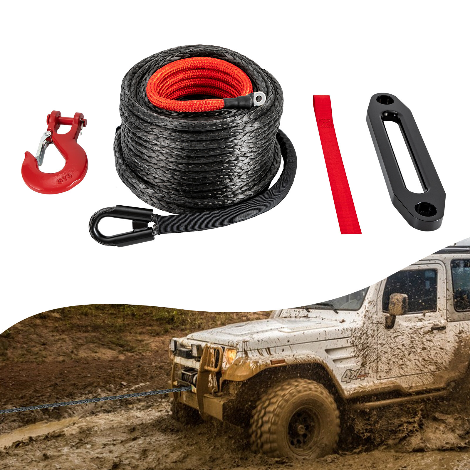 23809lb 92ft 1/2" Synthetic Winch Cable Winch Rope W/ Hook fit Atv, Suv gallery