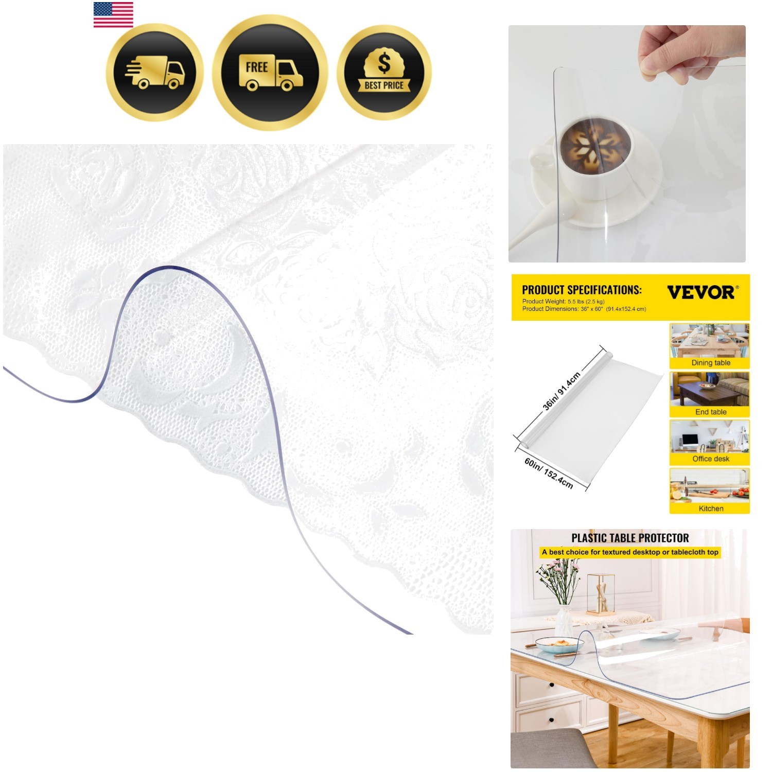 Plastic Table Cover 36 x 60 Inch, 1.5 mm Thick Clear Table Protector, Rectang... gallery