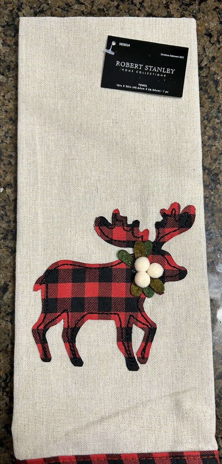 NWT Robert Stanley beige red black plaid Deer Christmas hand Towels 16" x 26" gallery