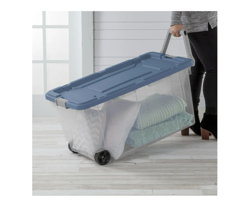 Sterilite 105 Qt Latching Storage Bin 2 Pack Clear Plastic Blue Lid gallery
