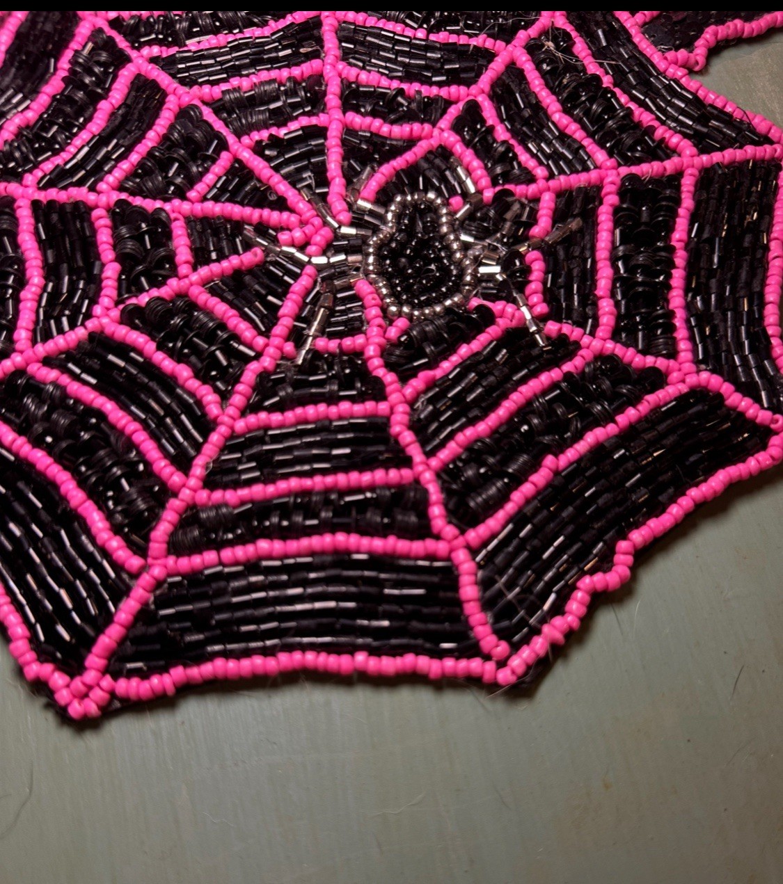 HAPPY HAUNTING Halloween Beaded Table Runner Pink Black Spider Web 13"X 36" NWT gallery