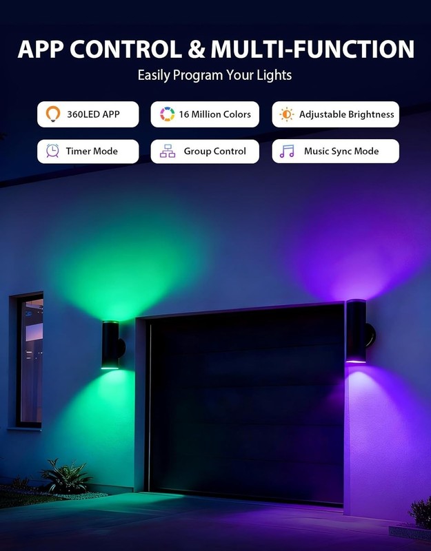 Smart Up and Down Outdoor Wall Light, RGBCW Color Changing Exterior 2 Pack gallery
