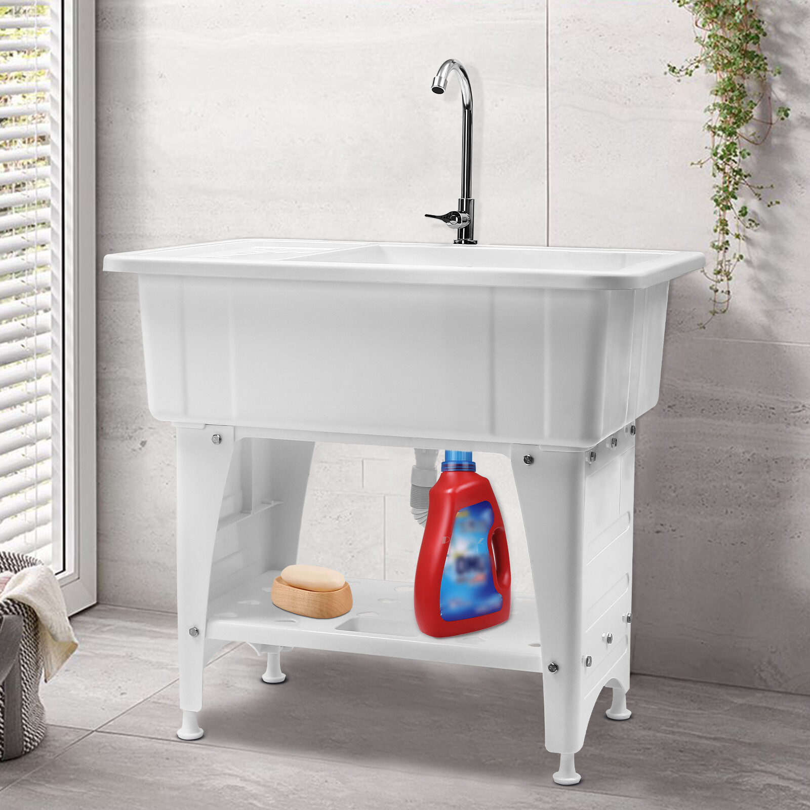 White Utility Sink Laundry Tub Freestanding Sink Wash Station w/ Faucet Home gallery