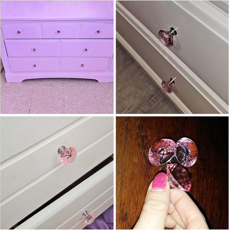 16 Pack Pink Crystal Cabinet Knobs 1.2" Diamond Glass, Girl Vanity Desk Handles, gallery