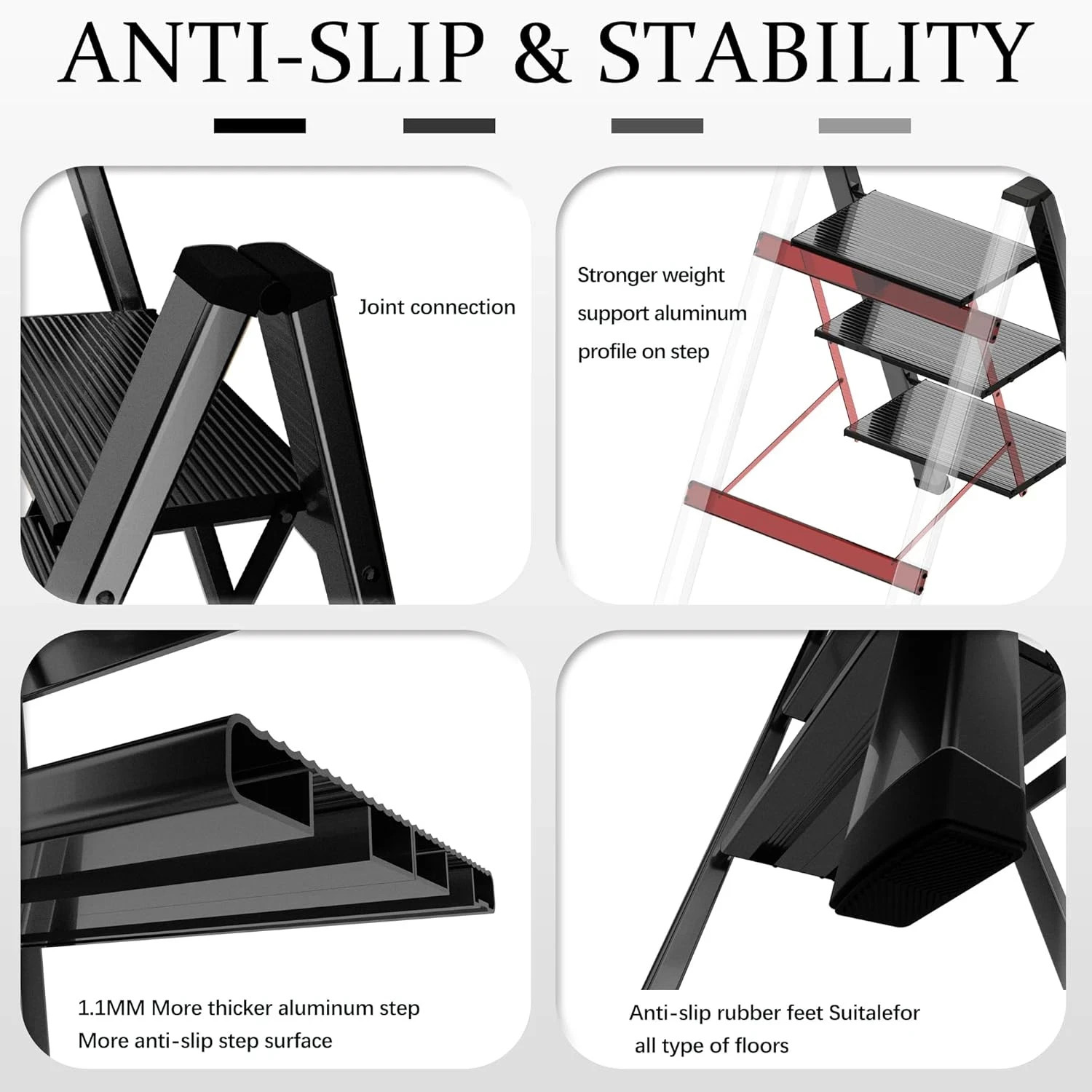 Aluminum 4-Step Folding Ladder for Home, Sturdy 330 lbs Capacity - Black gallery