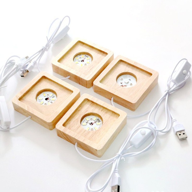 2x USB LED Adjustable Light Square Solid Wood Base Holder Crystal Craft Display gallery
