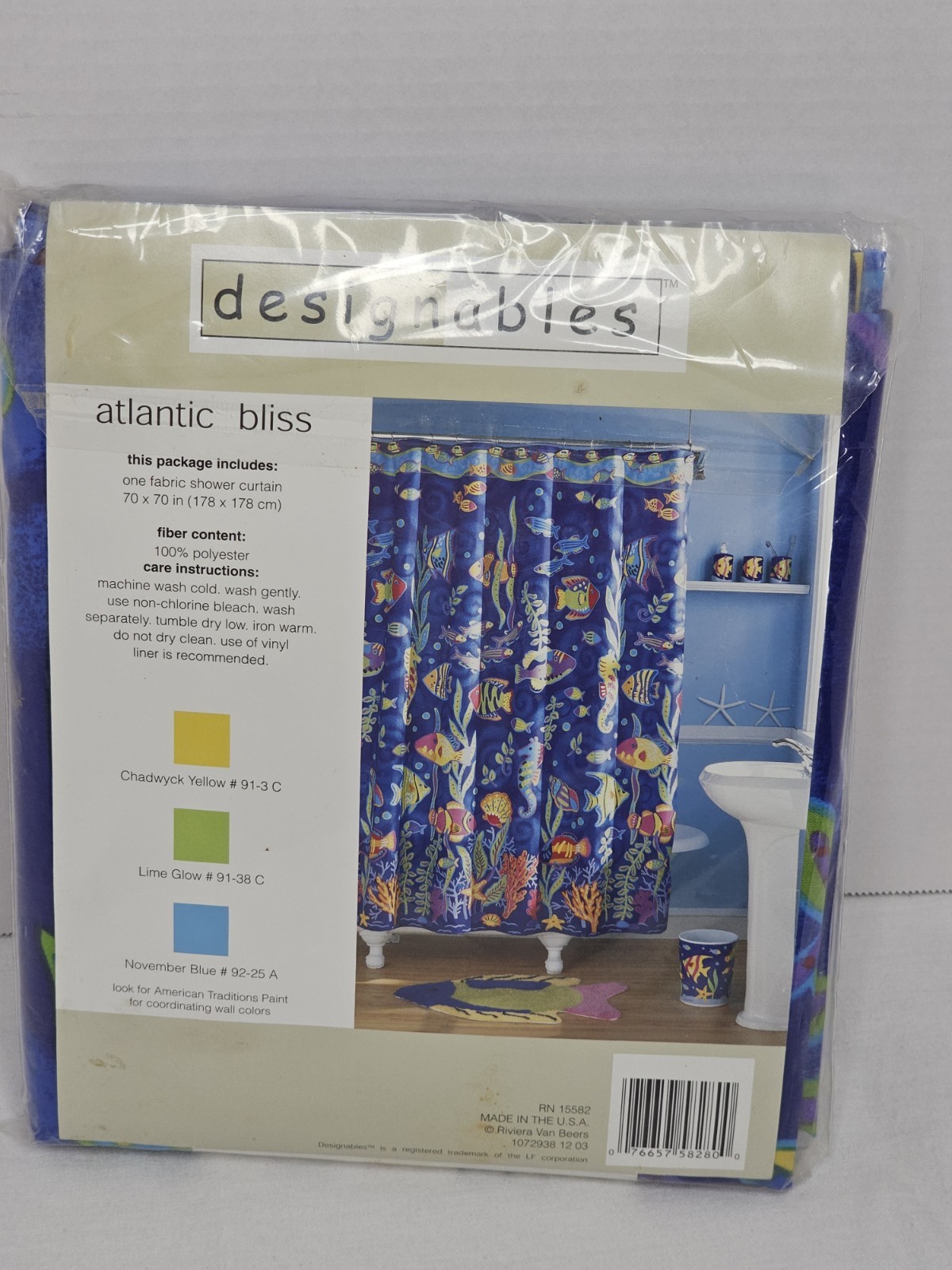 Designables Atlantic Bliss Fish Ocean Scene Fabric Shower Curtain 70"x70" NIP gallery