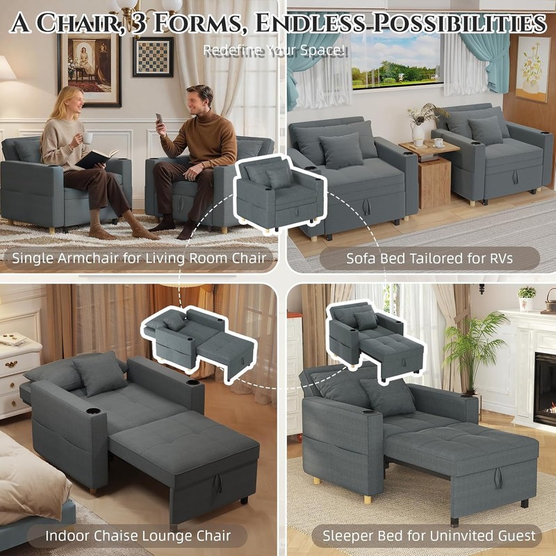 Sleeper Chair 38" Extra Wide Convertible Chair Bed 3-in-1 Pull Out Single Sofa gallery