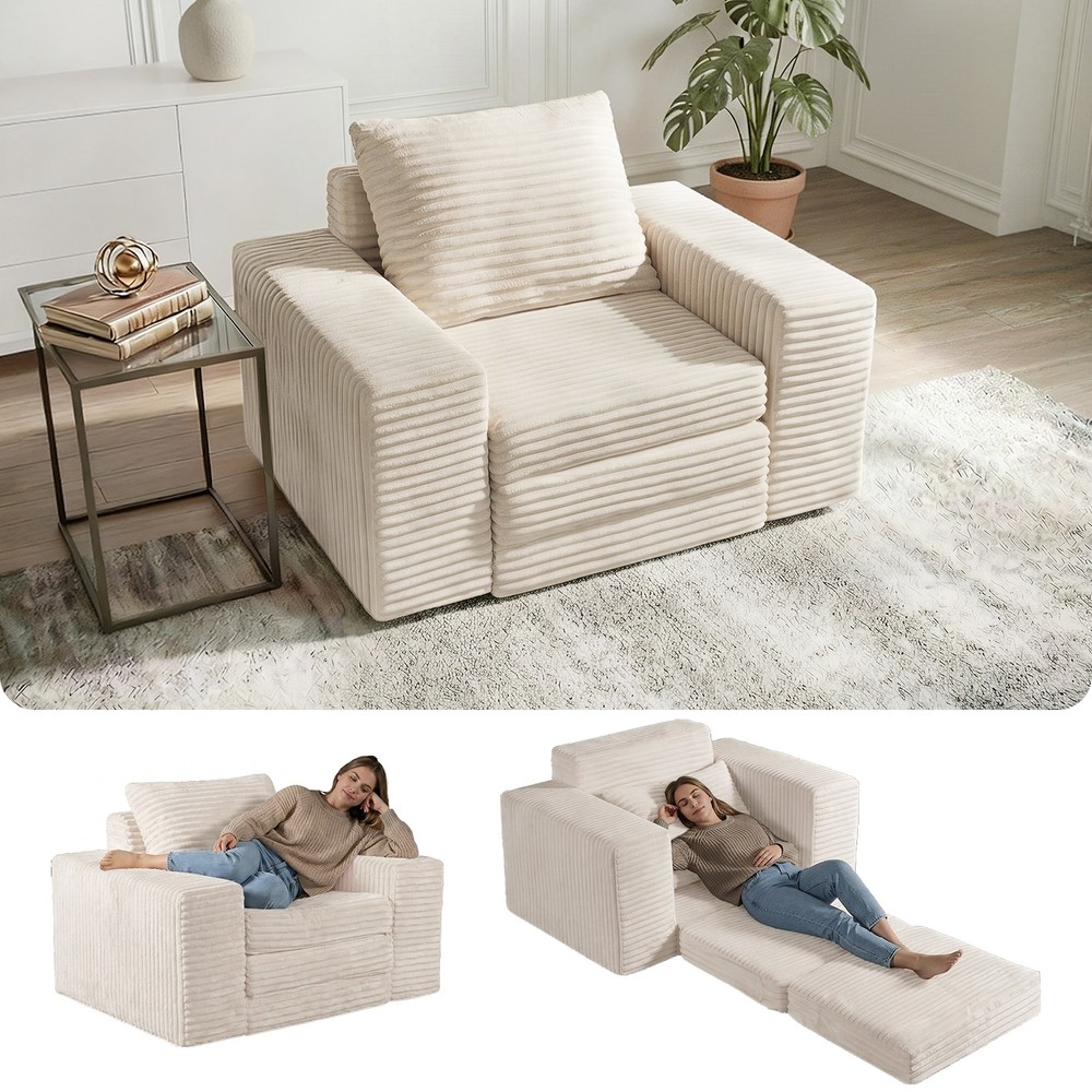 Single Folding Sofa Bed, 75.6" Sleeper, Beige Corduroy