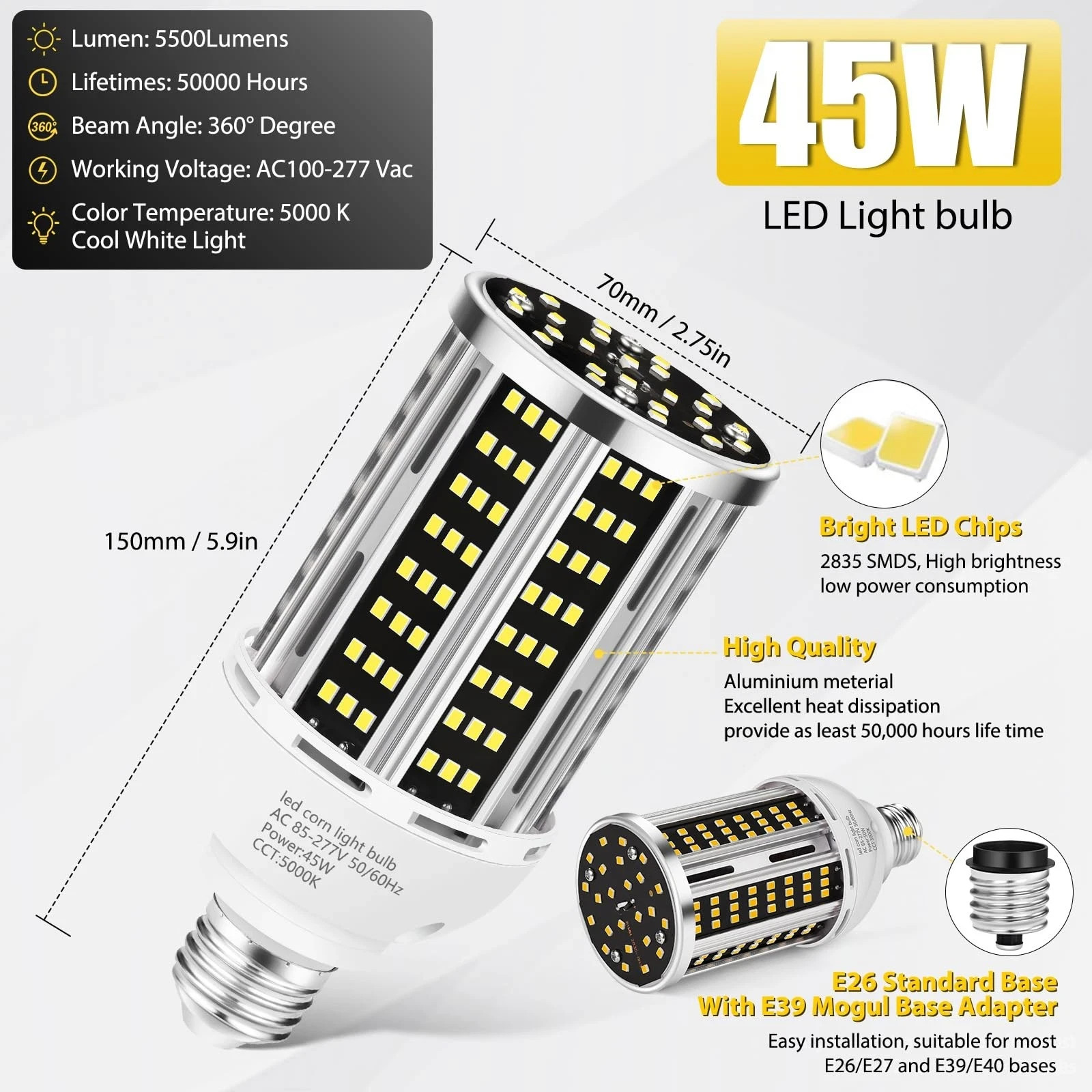 45W LED Corn Light Bulb 2 pack,400W Equivalent 5000K Commercial Daylight E26/... gallery