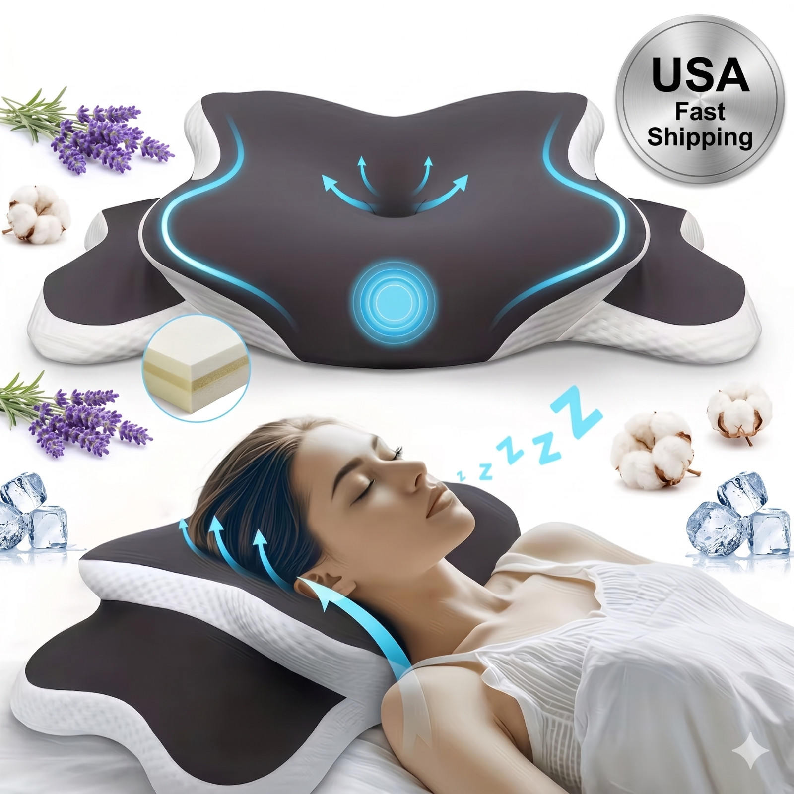 Ergonomic Cervical Neck Support Pillow Butterfly Memory Foam Back Side Sleeper gallery