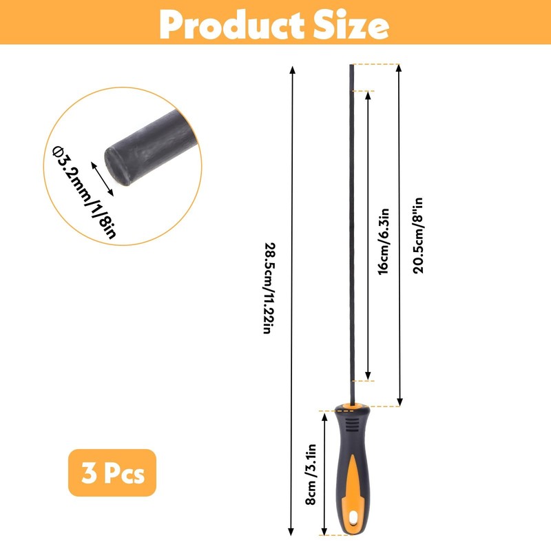 3pc Chainsaw File Set 1/8in 3.2mm Round Sharpener Tool Grinding Kit gallery