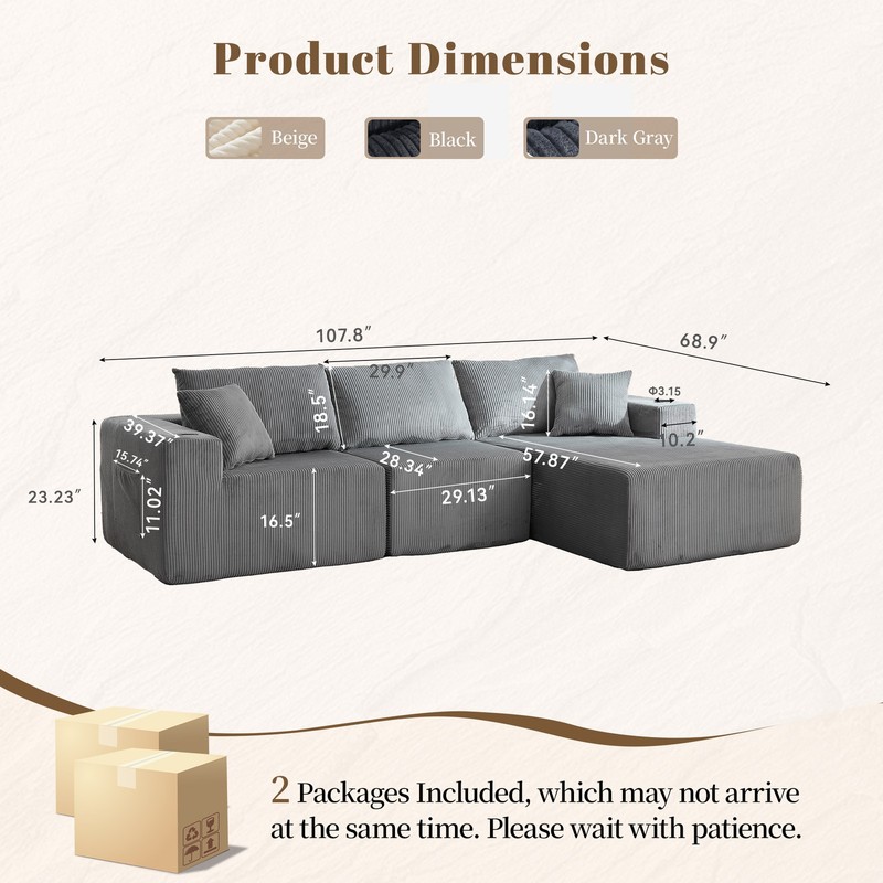 L Shaped Corduroy Sofa Cloud Couch Compression Boneless Sofas w/ 5 Throw Pillows gallery