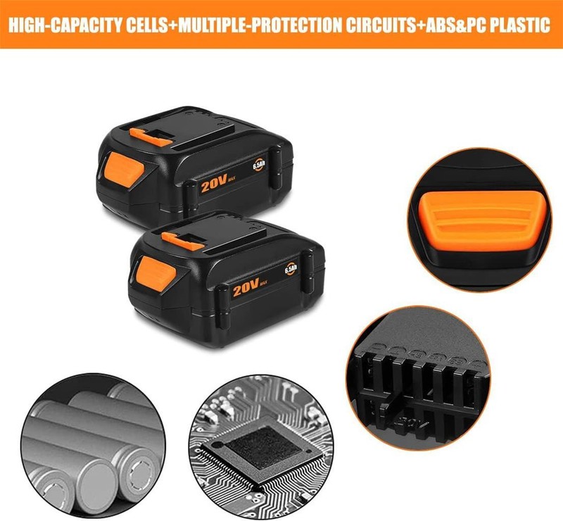 2 PACK 6.5Ah High Capacity Lithium Battery for WORX 20V WG543 WG163 Battery gallery