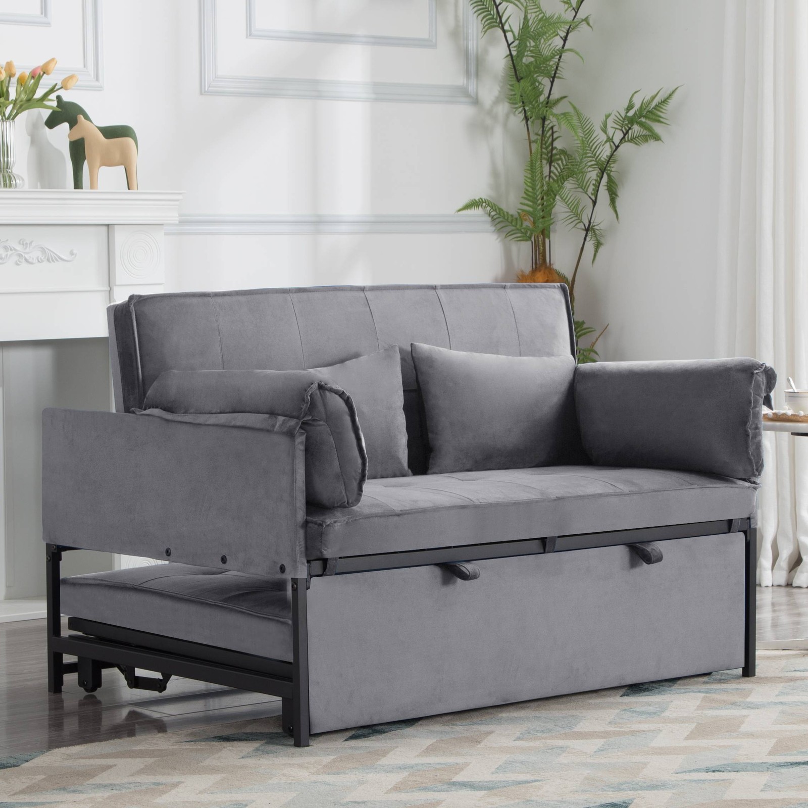 46in Grey Velvet Pull-out Sleeper Sofa Bed Loveseat 5-Position Recline 2 Pillows gallery