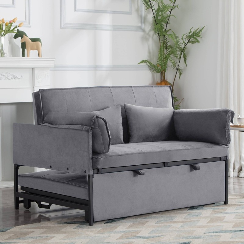 46in Grey Velvet Pull-out Sleeper Sofa Bed Loveseat 5-Position Recline 2 Pillows gallery